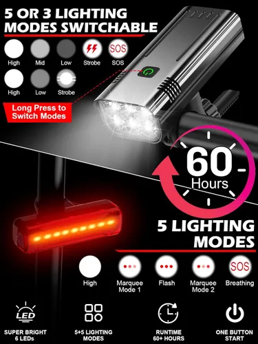 Miniatura 3 de Luces de bicicleta de alto lúmenes delanteras y traseras para conducción nocturna, 10,000 mAh USB recargable 6 luces LED para bicicleta, 5+5 modos