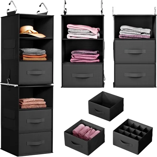 Pipishell Organizador colgante de armario de 6 estantes con 2 estantes separables de 3 niveles, 3 cajones y bolsillos laterales, organizadores de