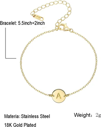 Miniatura 7 de Pulsera de acero inoxidable chapada en oro de 18 quilates, pulsera personalizada con dije de letra, pequeño disco delicado con monograma, pulsera