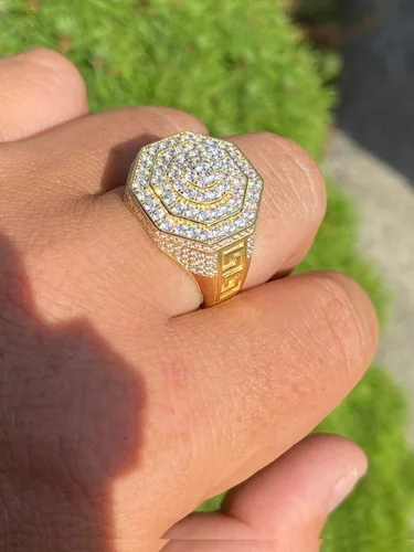 Miniatura 6 de Men's Real Solid 925 Sterling Silver Octagonal Hip Hop Ring - 14k Gold Plated - Super Iced Large Flooded Out Pinky Ring - Sz 7-13