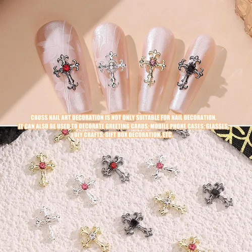 Miniatura 4 de Dijes de cruz 3D, 60 piezas de decoración de uñas de cruz de cristal dorado y plateado para arte de uñas, dijes de cruz de diamantes de imitación