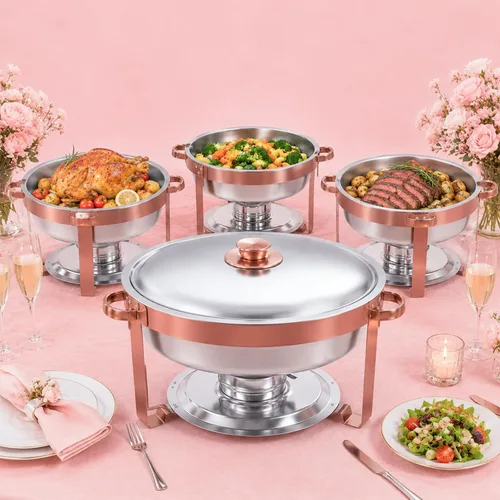 Miniatura 10 de IMACONE Juego de Bandejas Calentadoras de Buffet 4 Piezas, 5QT Redondas de Acero Inoxidable con Tapa de Vidrio para Catering, Conjuntos