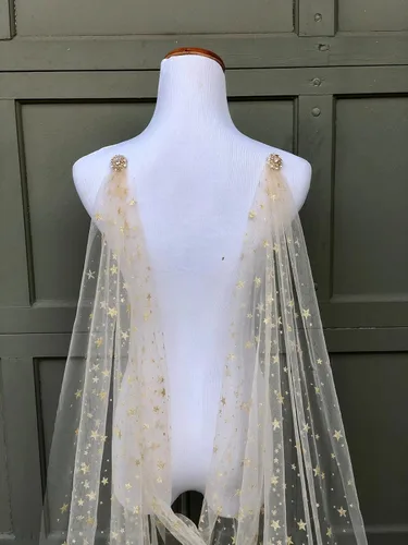 Miniatura 2 de Star Celestial Draped Wedding Cape Veil Silver or Gold, Cathedral Length (108 inches) (Silver)