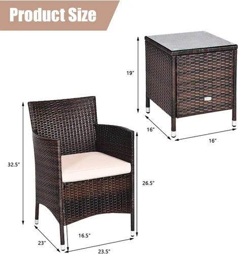 Miniatura 2 de COSTWAY Juego de muebles de patio de 3 piezas, juego de conversación de mimbre para exteriores con mesa de centro de vidrio templado, cojines