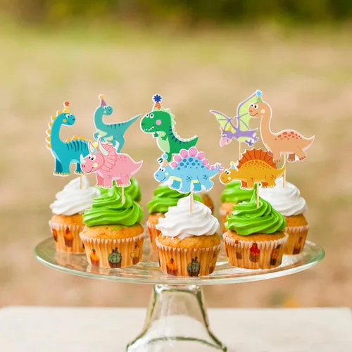 Miniatura 6 de Ercadio Paquete de 32 adornos para cupcakes de dinosaurios de dibujos animados, lindos dinosaurios para bebé, temática de dinosaurio, baby shower