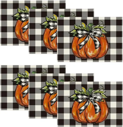 Miniatura 8 de Artoid Mode Juego de 4 manteles individuales de otoño con diseño de calabaza a cuadros de búfalo de 12 x 18 pulgadas para decoración de fiestas