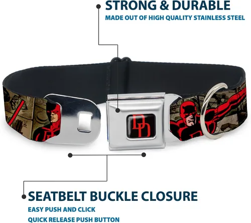 Miniatura 4 de Buckle-Down DAREDEVIL - Collar de perro con hebilla de cinturón de seguridad, posturas de acción, paneles cómics, grises/rojo, 1 pulgada de ancho