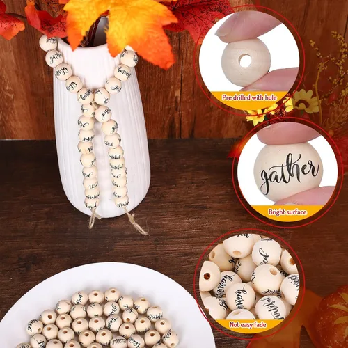 Miniatura 3 de Whaline 100 cuentas de madera de Acción de Gracias, cuentas rústicas de granja, cuentas redondas de madera natural para otoño, manualidades