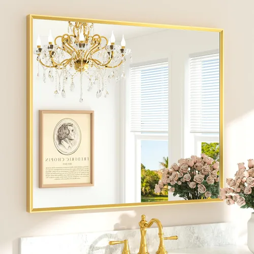 Miniatura 75 de TETOTE Espejo de Baño Dorado de 16" x 20" Latón Dorado Cepillado Rectangular con Marco Biselado Espejo de Tocador de Baño para Sobre el Lavabo