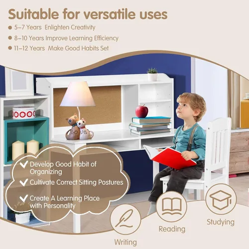 Miniatura 2 de Costzon Juego de escritorio y silla para niños, escritorio de estudio para niños con silla, gabinete, almacenamiento, cajones, estantes, tablero