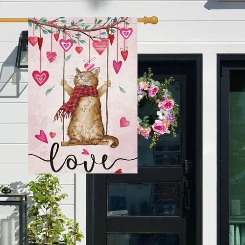 Miniatura 2 de Louise Maelys Bandera de casa de 28 x 40 pulgadas, doble cara, gran arpillera de bienvenida de gato, primavera, jardín, patio, corazón de amor