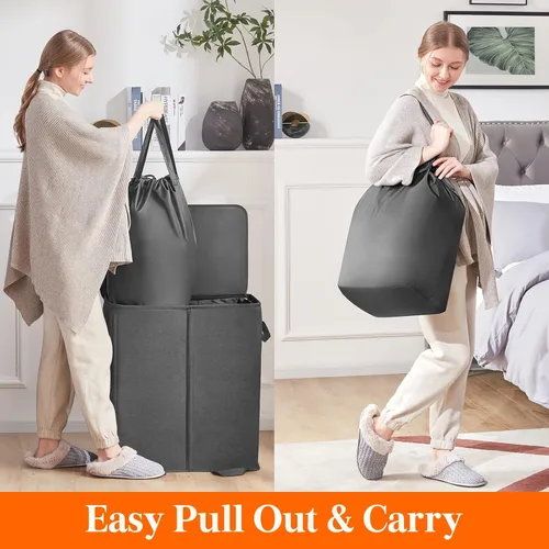 Miniatura 4 de Lifewit Cesta doble para ropa sucia con tapa y bolsas de lavandería extraíbles, gran plegable, 2 divisores, cesta de ropa sucia con asas para Negro