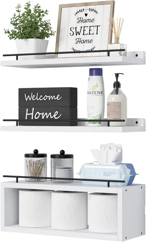 Miniatura 7 de WOPITUES Estantes flotantes para pared con estante de cubo, estantes de pared con riel de metal para decoración de baño, organizadores