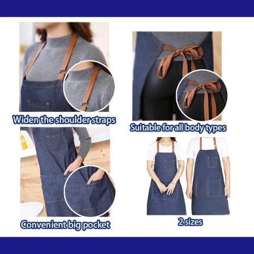 Miniatura 5 de Delantal ajustable con babero con 2 bolsillos, delantales de chef para cocina, restaurante, para mujer