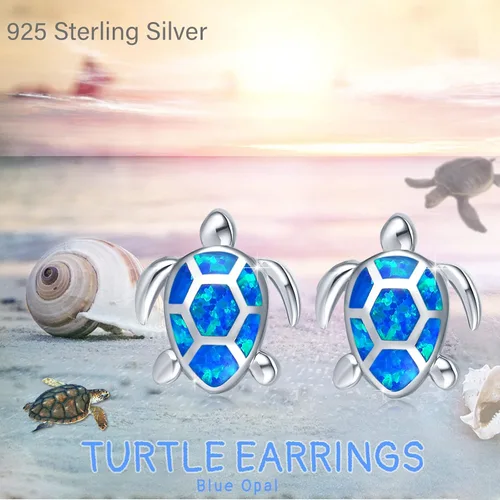 Miniatura 2 de Sea Turtle Earrings,Sterling Silver Hawaiian Beach Themed Stud Earrings Turtle Dangle Blue Opal Ocean Jewelry Gifts for Women Girlfriend Girls