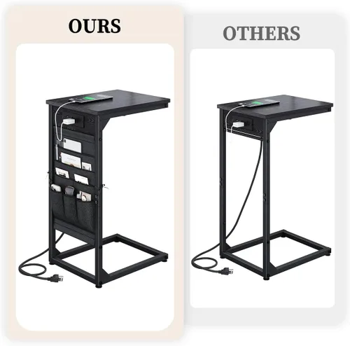 Miniatura 3 de Mesa auxiliar en forma de C con estación de carga rápida, mesa lateral pequeña para sofá con bolsa de almacenamiento, bandeja de TV para sofá