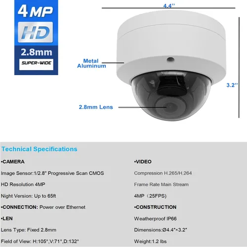 Miniatura 4 de Cámara domo Real HD de 4 MP PoE IP para vandalismo al aire libre/en interiores, cámara de seguridad IP, visión nocturna de 65 pies, IP66