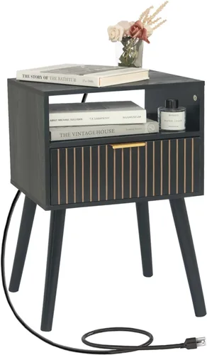 Miniatura 9 de MaxSmeo Mesita de noche negra con cajón, mesita de noche moderna de mediados de siglo con almacenamiento de estantes abiertos, mesa auxiliar