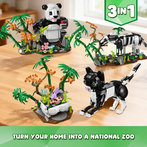 Miniatura 6 de HiWEEGO Juego de construcción de animales salvajes 3 en 1 - Figuras de animales con 3 opciones de construcción Panda Gato Cebra, juguete de bloques