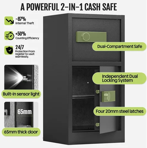 Miniatura 7 de Caja de seguridad de doble puerta de 8.6 pies cúbicos resistente con bolsa ignífuga impermeable oculta, estantes removibles, silenciosa, caja