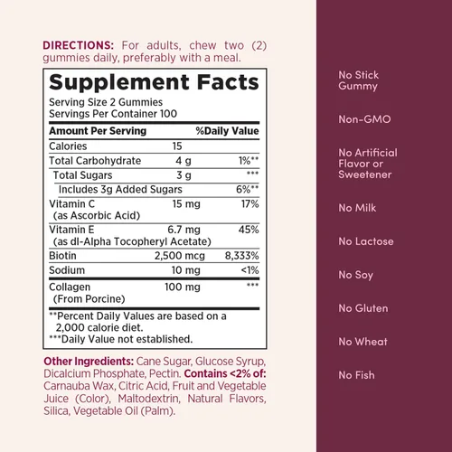 Miniatura 7 de Nature's Bounty Optimal Solutions Gomitas de pectina de colágeno para el cabello, la piel y las uñas, 100 mg de colágeno y 2,500 mcg de biotina por