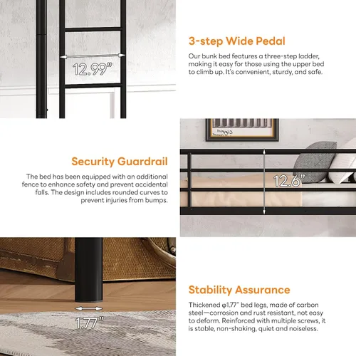 Miniatura 5 de Litera metálica de camas individuales con escalera, resistente y de servicio pesado, con 2 escaleras laterales, ahorro de espacio, no necesita
