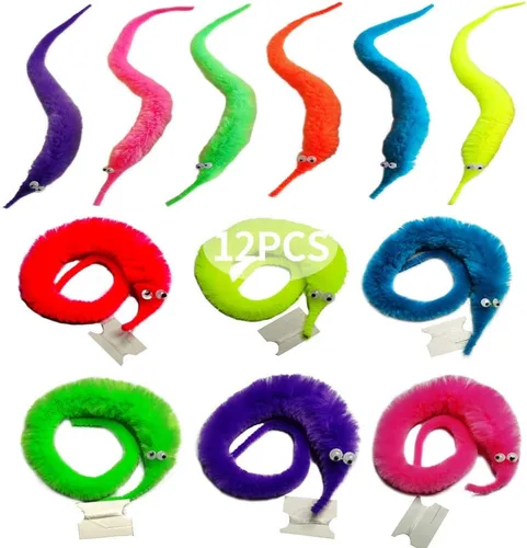 SHENGSEN 12 piezas de gusanos peludos, gusanos en cuerda, juguete de truco a granel, recuerdos de fiesta para niños y gatos (6 colores)