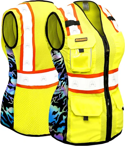 KwikSafety - Charlotte, NC - Chaleco de seguridad para mujer, tiras reflectantes de alta visibilidad, cumple con ANSI y OSHA Amarillo (Tiger Queen)