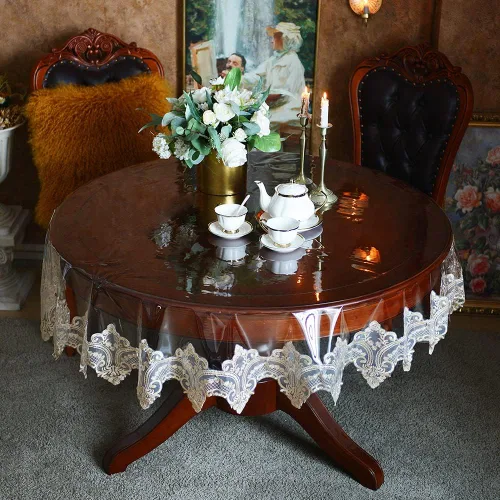 Miniatura 5 de SUTAVIA Mantel redondo de encaje de vinilo transparente, 100% a prueba de aceite, impermeable, a prueba de derrames, protector de mesa de PVC Champán