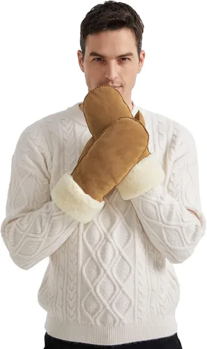 Miniatura 4 de Surblue Manoplas de gamuza de oveja de invierno para hombre, piel de oveja de alta calidad, cálido puño grueso forrado de lana de cordero