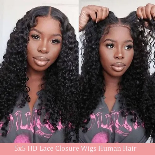 Miniatura 2 de Pelucas de cabello humano rizado con ondas profundas de 5 x 5 HD, sin pegamento, precortadas, con encaje frontal, para mujeres negras, color negro