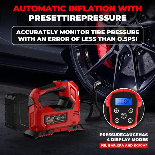 Miniatura 5 de Compresor de aire inalámbrico para inflador de neumáticos para batería Milwaukee M18, bomba de aire portátil de 160 PSI con luz LED y manómetro