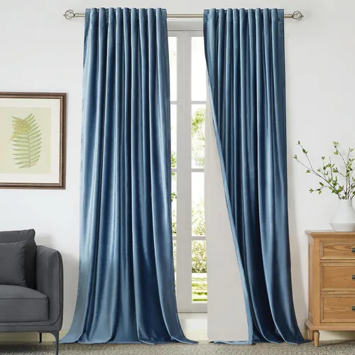 Miniatura 14 de Cortinas opacas de terciopelo dorado de 108 pulgadas para sala de estar, totalmente opacas, elegantes, 2 paneles con pestaña trasera, aislamiento