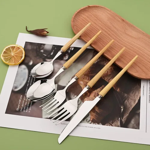 Miniatura 7 de Juego de cubiertos de acero inoxidable para 4 Uniturcky 24 piezas con cuchillos para carne, juego de cubiertos con mango de madera para el hogar