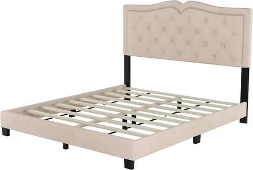 Miniatura 6 de Marco de cama de terciopelo tamaño Queen, cabecera capitonada con alas de canal vertical, cama con plataforma tapizada, listones de madera fuertes