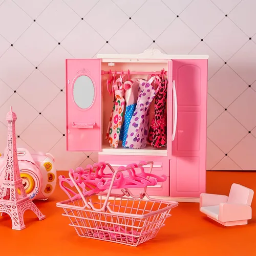 Miniatura 6 de Armario de muñecas, armario de muebles, organizador de ropa para muñecas, armario abierto para casa de muñecas con 20 perchas de plástico rosa