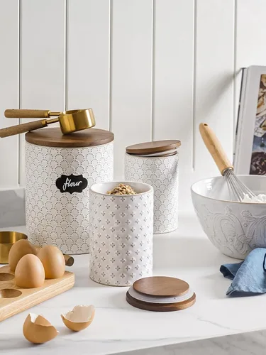 Miniatura 2 de LE TAUCI Juego de recipientes de cerámica para café con tapas herméticas, tarros decorativos de almacenamiento de alimentos para azúcar, harina