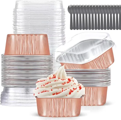 Miniatura 12 de Findful - Juego de 40 moldes cuadrados de papel de aluminio para cupcakes de 10 oz con tapas, moldes para brownies, moldes desechables grandes