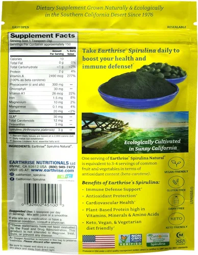 Miniatura 2 de Earthrise Spirulina Polvo natural de 16 onzas, espirulina natural premium de California, vegano, sin gluten, apto para ceto, sin OMG, súper alimento