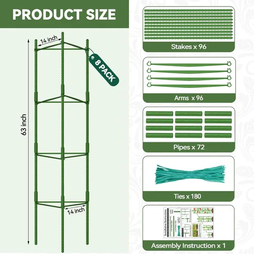 Miniatura 6 de Halatool Paquete de 8 Jaulas Verdes para Tomates, Hasta 63 pulgadas (5.2 pies) Soporte Alto Ajustable para Plantas de Tomate, Estacas de Jardín