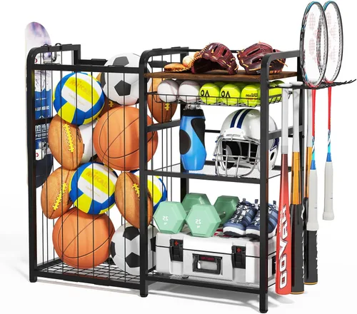 Miniatura 9 de Homsorout Garage Sports Equipment Organizer, Ball Storage for Gear and Toys, Large Capacity, Sports Organizer for Garage with Hooks and Baskets