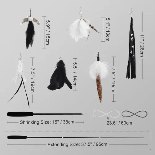 Miniatura 7 de SONGWAY Juguetes de varita para gatos de interior, juego de juguetes para gatos con varita retráctil y 6 recambios de juguetes de plumas, juguetes