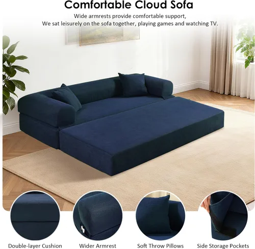 Miniatura 6 de Sofá cama convertible de 80", sofá plegable extraíble de pana 3 en 1 con almohadas, sofá moderno sin ensamblaje sin estructura con compresión