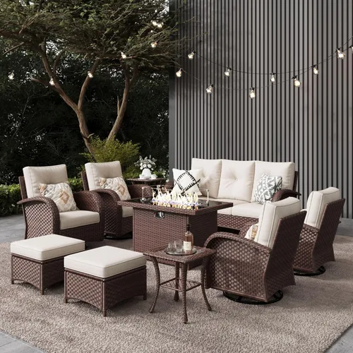 Miniatura 15 de LayinSun - Juego de 10 piezas de muebles seccionales de patio para el aire libre con mesa para fogata, juegos de sillas giratorias reclinables