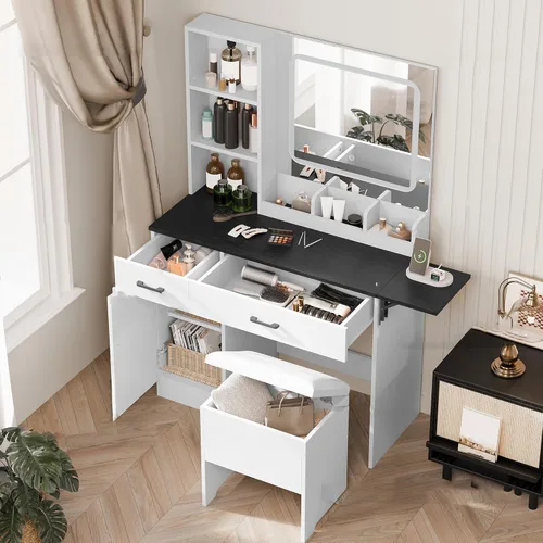 Miniatura 9 de NUNU LAB Escritorio de tocador con espejo y luces, juego de tocador de maquillaje con estante de almacenamiento y 5 cajones, tocador de dormitorio