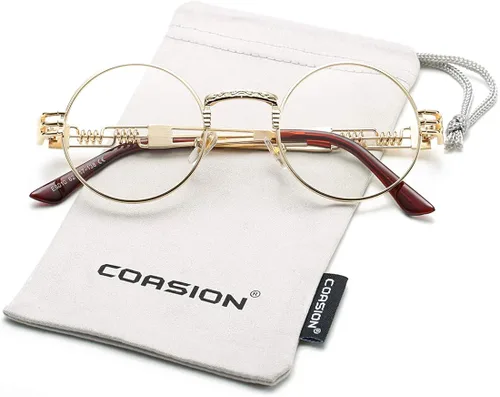 Miniatura 2 de COASION Gafas de sol redondas vintage Steampunk con marco de metal dorado transparente, M