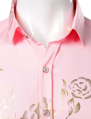 Miniatura 3 de ZEROYAA - Camisas de vestir de manga corta con estampado de rosa dorada para hombre, estilo hipster, calce ajustado, con botones