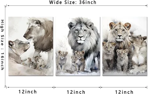 Miniatura 5 de 3 piezas modernas de lienzo de león de animales salvajes, pinturas de retratos de familia de leones, decoración de pared, obras de arte de sala