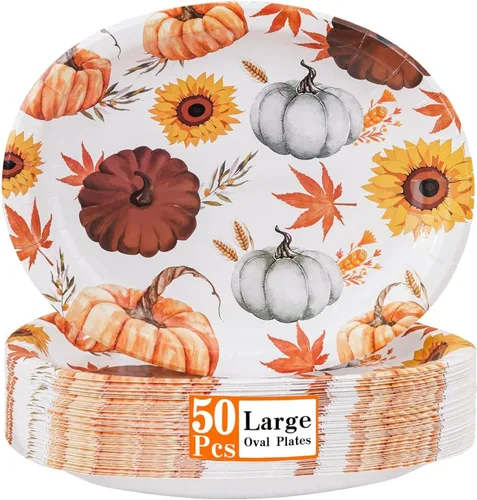 Miniatura 24 de WDF Paquete de 50 platos florales ovalados de papel, platos llanos desechables grandes de 10 x 12 pulgadas, platos desechables florales