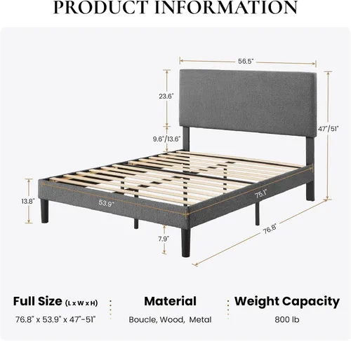 Miniatura 2 de SHA CERLIN - Base de cama con plataforma de tamaño completo con cabecera ajustable y soporte de listones de madera, base de colchón tapizada